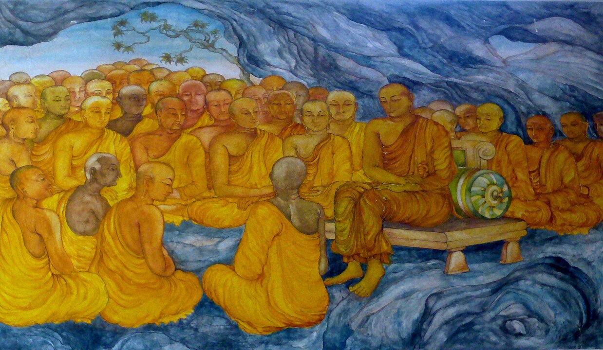The First Council. Mural painting in the Nava Jetavana temple, Jetavana Park, Uttar Pradesh, India, late 20th century.